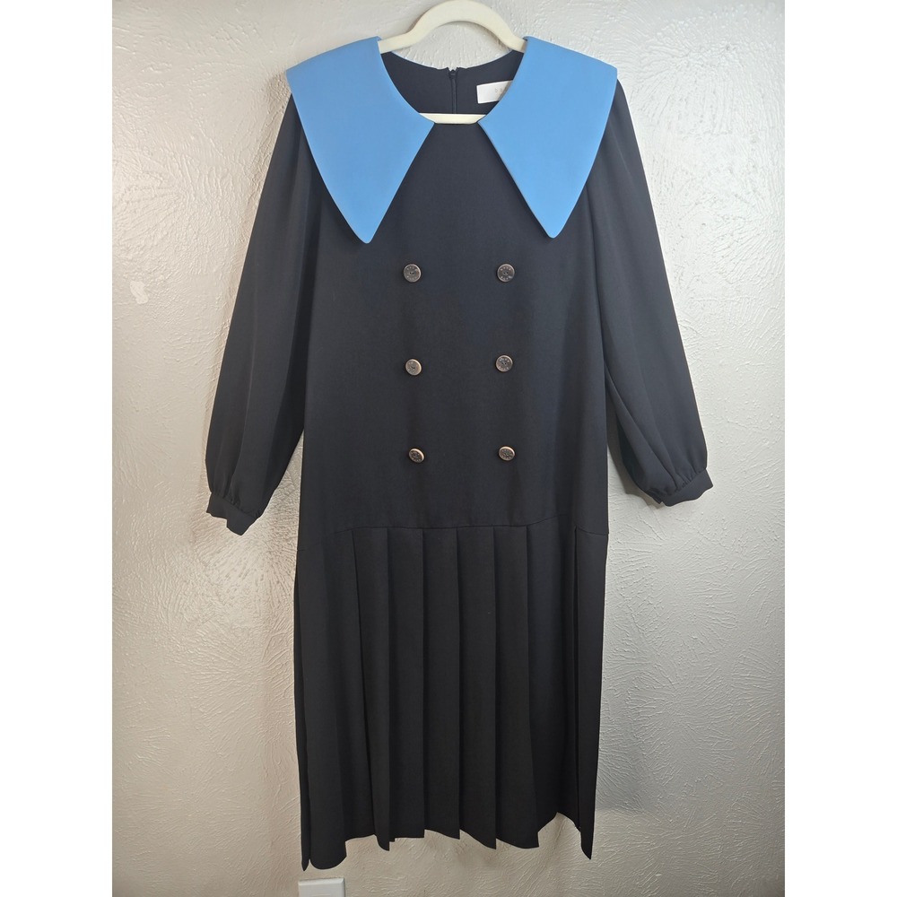 Baba Seoul Collared Pleated Midi Dress M Black Blue Drop Waist Academia Twee Mod